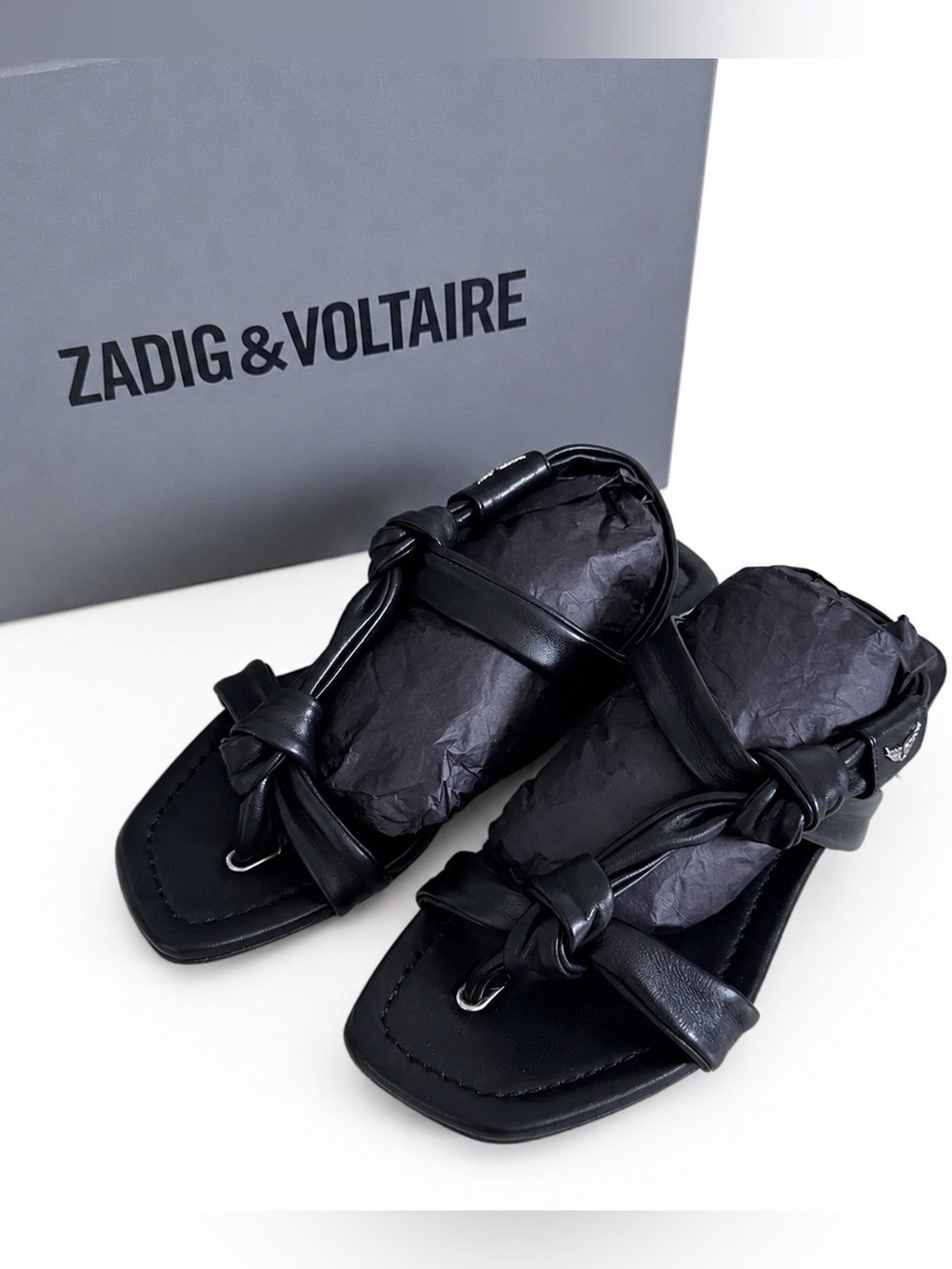 Zadig & Voltaire Forget Me Knot Black Lambskin Leather Sandals FR 37 NIB